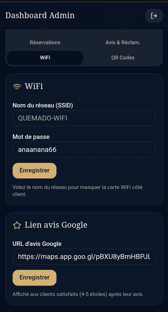 Dashboard DYAFNA, onglet WiFi : nom du réseau et mot de passe affichés au client (données de démonstration).