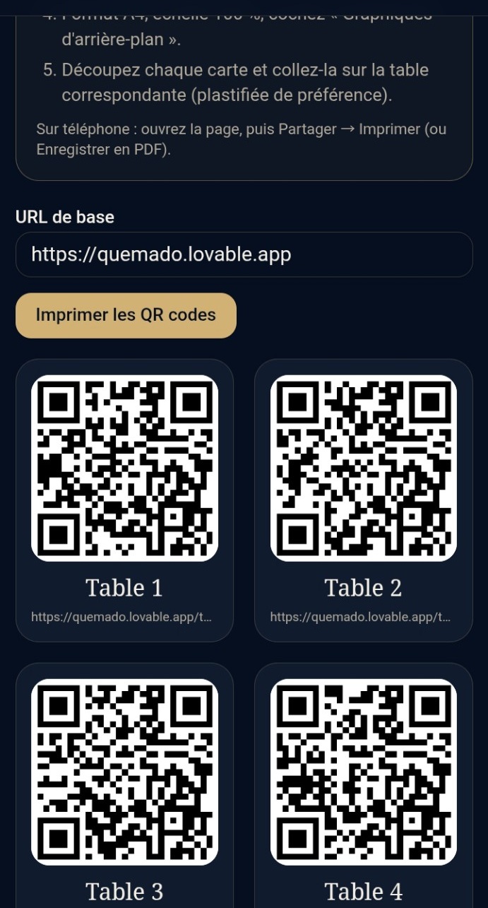 Dashboard DYAFNA, onglet QR Codes : un QR code par table, prêt à imprimer (données de démonstration).