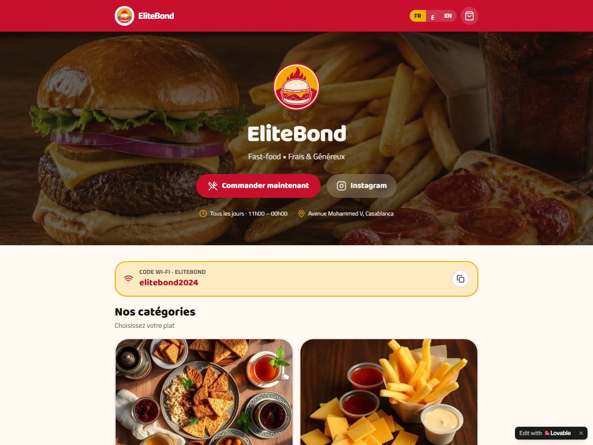 Menu digital Elite Boone — page d'accueil du menu en ligne.