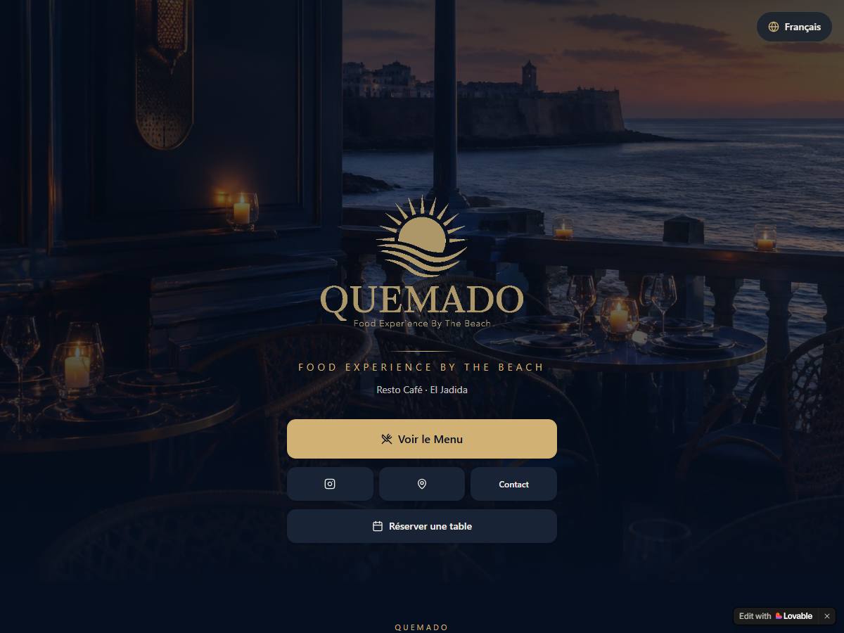 Menu digital Quemado — page d'accueil : accès au menu, réservation et contact, sélecteur de langue.