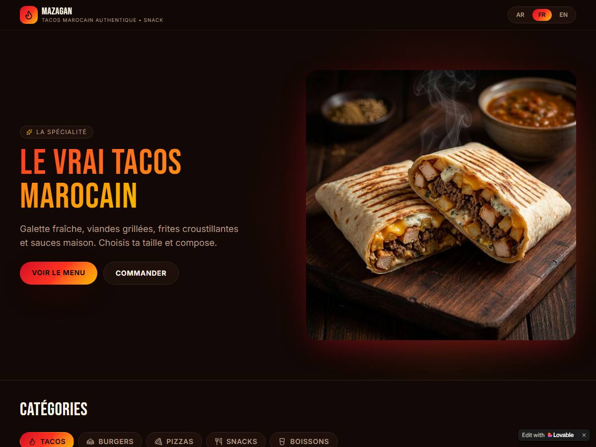 Menu digital trilingue pour un snack — accueil avec choix de la langue.