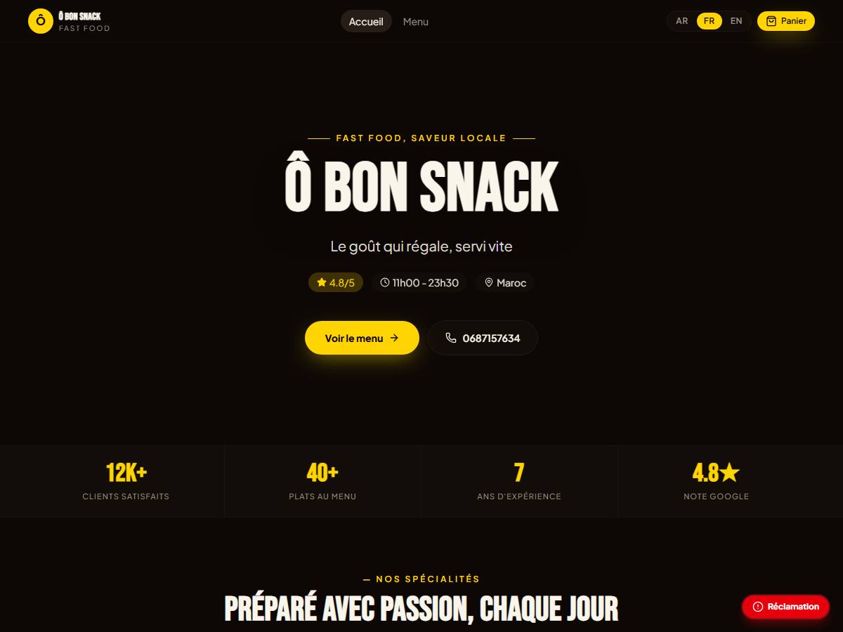 Menu digital Tasty — page d'accueil du menu en ligne.