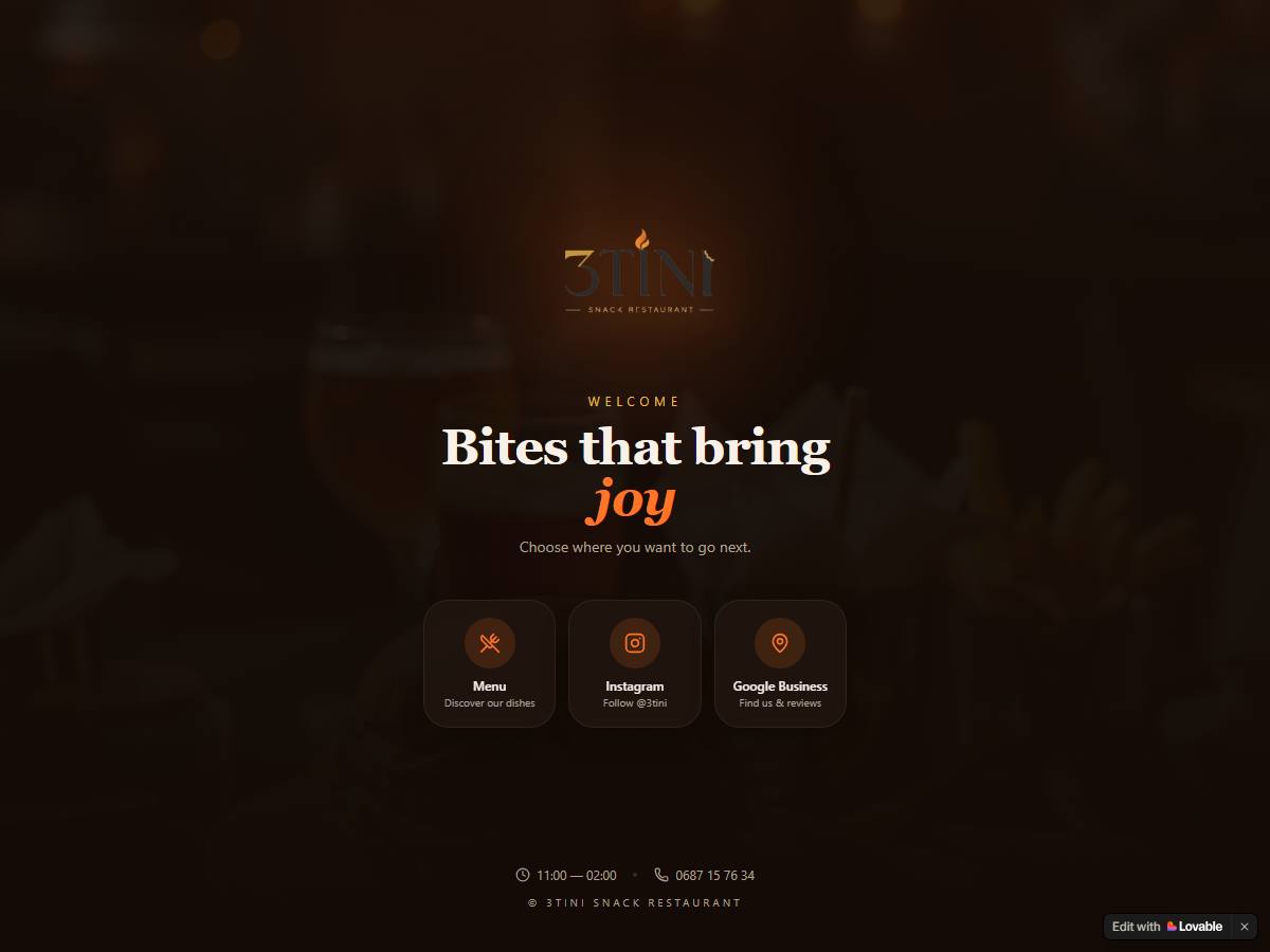 Menu digital Tiny Taste — page d'accueil du menu.